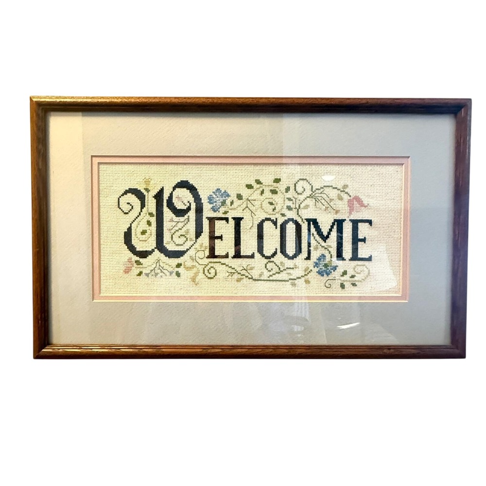 Vintage Framed Needlepoint "WELCOME" Sampler Floral Vine 20x12 Cottage Decor - Picture 6 of 16